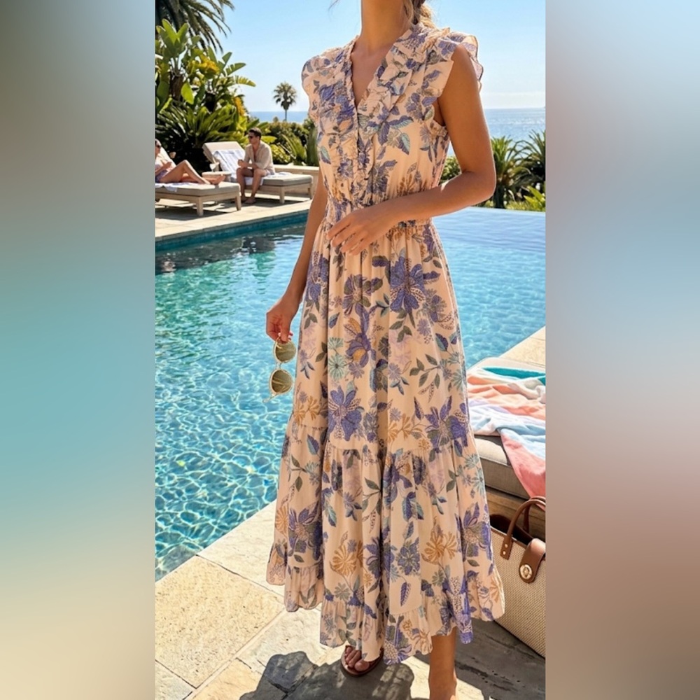 Floral Tiered Maxi Dress in Cream with Blue Floral Print